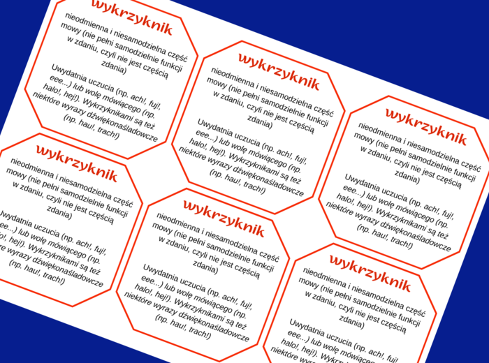 WYKRZYKNIK – części mowy – wklejka – wklejki – egzamin – powtórzenie