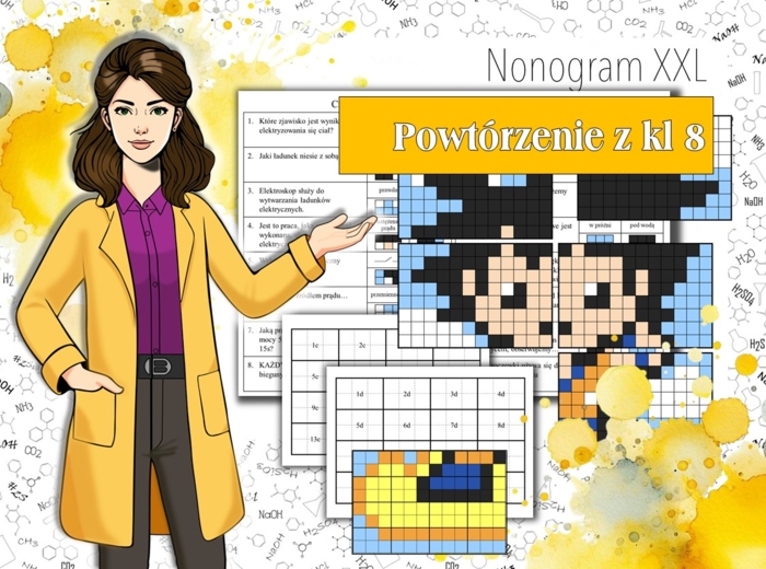 Klasa 8. Fizyka. Powtórzenie wiadomości z klasy ósmej. Kolorowanka fizyczna. Nonogram w formacie XXL. Karta pracy. Zadanie. Praca grupowa. Powtórzenie wiadomości. MOC powtórki.