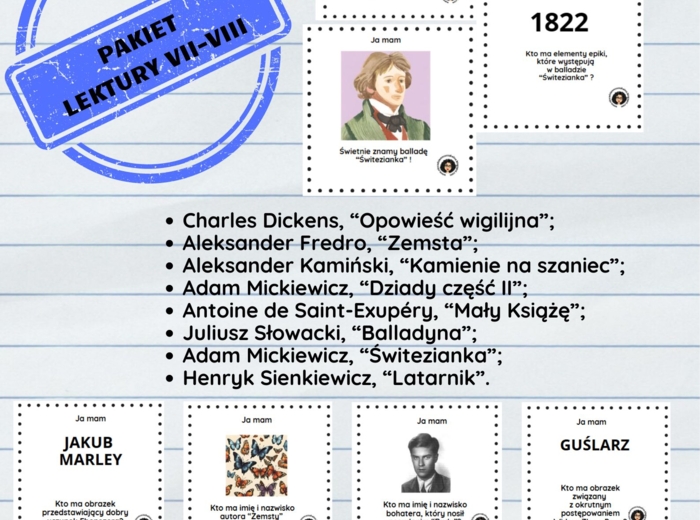 Pakiet 8 gier "Kto ma...? Ja mam..." do powtórek z lektur obowiązkowych w klasach 7 i 8.