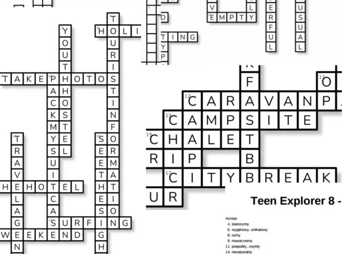 Teen Explorer 8 – Unit 1 – krzyżówki – Przymiotniki/Kontynenty i wyspy_Wakacje/Inne słówka