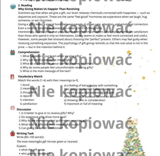 Karta pracy z czytanką The Psychology of Gift-Giving B1 przymiotniki opisujące emocje