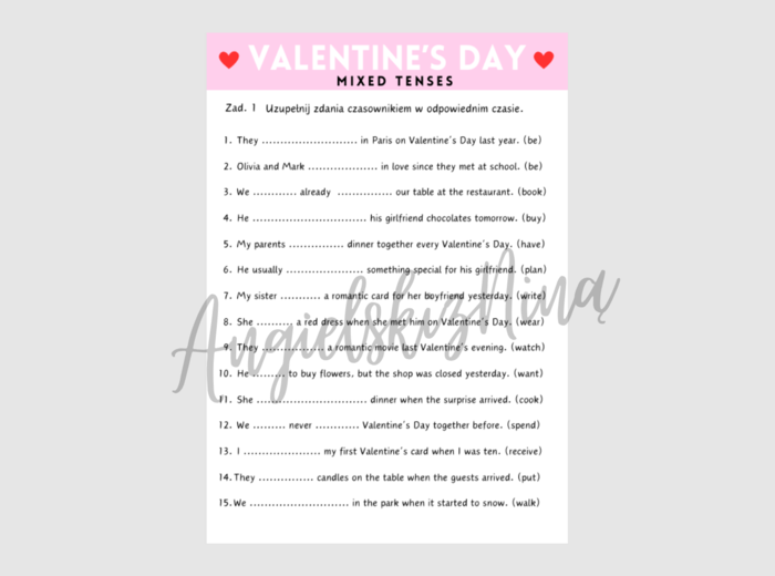 Valentine's Day - Walentynki - karta pracy - mix czasów - gramatyka - powtórka - ćwiczenia