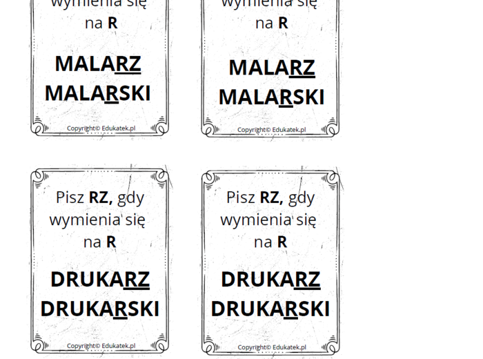 Memory ortograficzne – zasady pisowni z ż-rz (wersja czarno-biała)