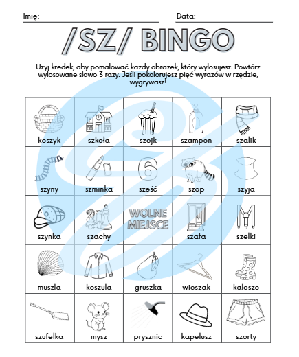 Logopedia Bingo do utrwalania głoski „sz” – materiały do terapii logopedycznej z kartą do kolorowania i losowania