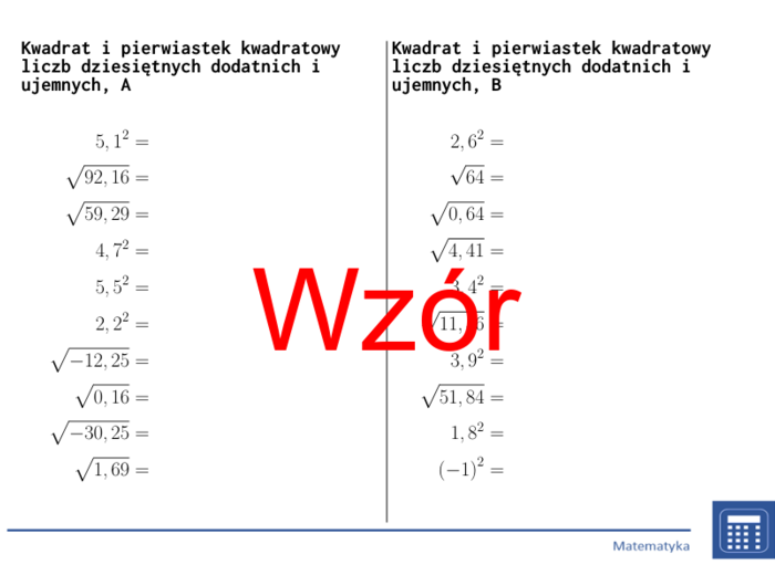 Kwadrat i pierwiastek kwadratowy liczb dziesiętnych dodatnich i ujemnych | matematyka | 26 kolumn