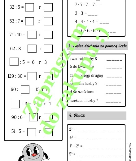 Dzielenie z resztą, kwadraty i sześciany liczb - karta pracy.
