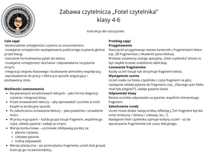 „Fotel czytelnika – zabawa czytelnicza z lekturą”