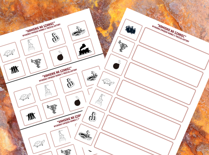 "KAMIENIE NA SZANIEC" – ikonki – wklejki – karta pracy – lektury 7-8