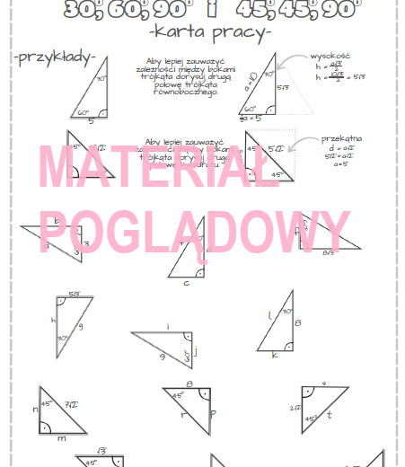 Trójkąty ekierkowe 30,60,90 i 45,45,90 - karta pracy klasa 7, 8