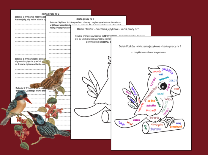 🦜 🐦Dzień Ptaków - ĆWICZENIA ORTOGRAFICZNE I REDAKCYJNE ✍️ – Chmura wyrazowa o ptakach – kreatywne zadania językowe dla uczniów – karty pracy – klasy 4-8 – JESIEŃ – wiosna - ortografia