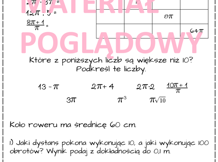 Pole koła i długość okręgu - notatka (plansza) + karta pracy. klasa 7 - 8.