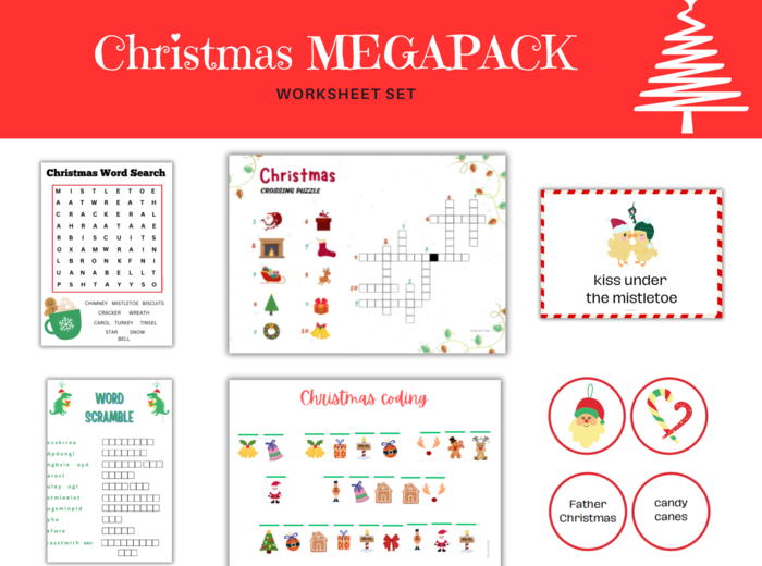 Christmas MegaPack - Ćwiczenia i gry na poznanie, utrwalenie słownictwa i zwrotów, Boże Narodzenie, Krzyżówka, Wykreślanka, Memory, Karty obrazkowe z podpisami