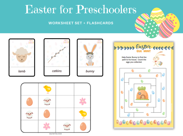 Easter For Preschoolers - Wielkanoc dla przedszkolaka - zestaw kart pracy do nauki języka angielskiego dla przedszkolaków i uczniów zerówki przedszkolnej, 8 różnych zadań, łączenie, liczenie, sudoku, labiryt, I spy, karty obrazkowe