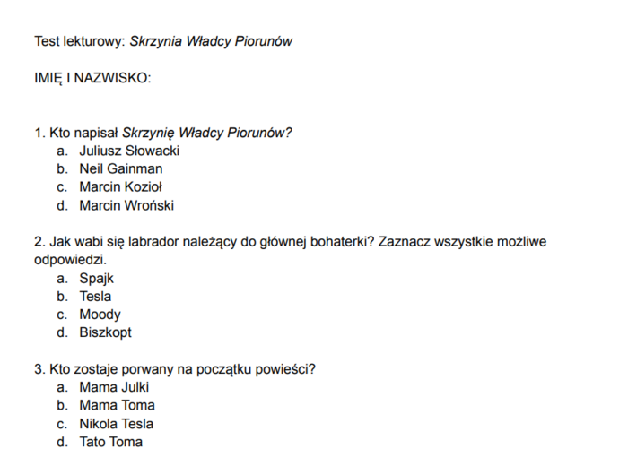 Skrzynia Władcy Piorunów - test lekturowy