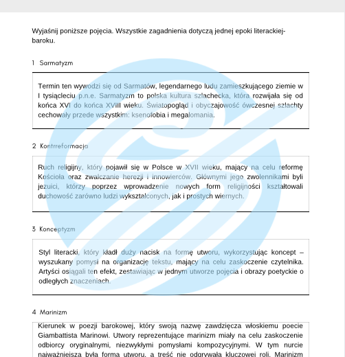 Barok – Najważniejsze Zagadnienia – Karty Pracy dla Maturzystów