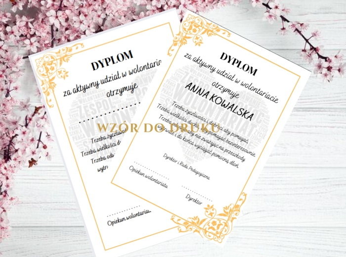 🏆 Dyplom za Wolontariat – elegancki szablon do druku 🌟