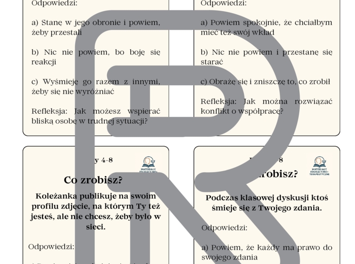 PAKIET: Karty sytuacyjne dla uczniów kl.1-3 (52karty) oraz 4-8 (56 kart)- TUS, zajęcia rozwijające kompetencje emocjonalno-społeczne, świetlica, rewalidacja, godzina wychowawcza, terapia