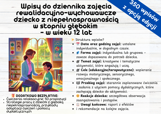 350 gotowych wpisów do dziennika, tematów zajęć rewalidacyjno-wychowawczych dla dzieci z głęboką niepełnosprawnością – w wieku 12 lat.