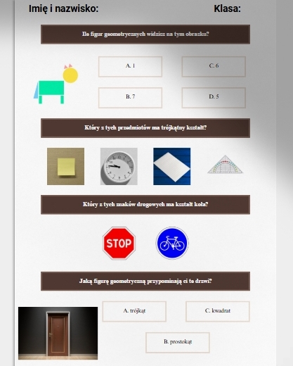 Figury geometryczne - rozpoznawanie i nazywanie. Karta pracy. Sprawdzian.