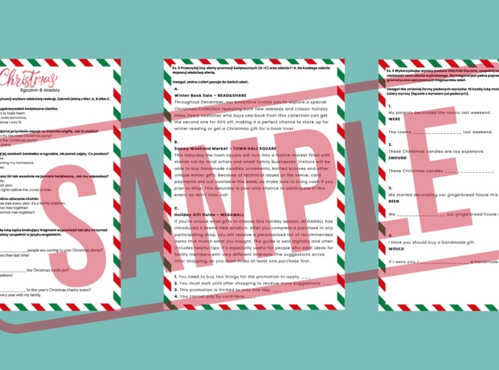 Egzamin 8-klasisty – CHRISTMAS LESSON | Zestaw zadań egzaminacyjnych do e8: reakcje, dialogi, czytanie, tłumaczenia, e-mail + klucz odpowiedzi! (Poziom A2-B1)