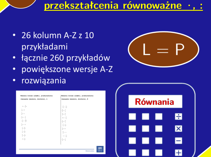 Równania liniowe (ułamki), przekształcenia równoważne (mnożenie, dzielenie) | matematyka, algebra | 26 kolumn