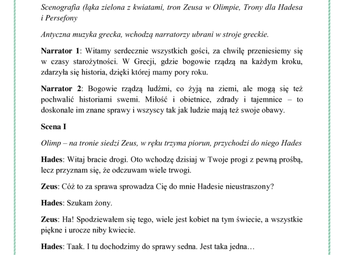 Demeter i Kora - Scenariusz wiosennego przedstawienia