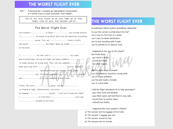 Past Simple – The Worst Flight Ever – story – karta pracy – czytanie ze zrozumieniem – czytanka – czasowniki nieregularne – matura - B1 / B2
