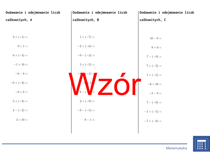 Dodawanie i odejmowanie liczb całkowitych | matematyka | 26 kolumn