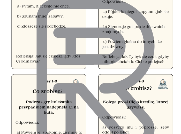 PAKIET: Karty sytuacyjne dla uczniów kl.1-3 (52karty) oraz 4-8 (56 kart)- TUS, zajęcia rozwijające kompetencje emocjonalno-społeczne, świetlica, rewalidacja, godzina wychowawcza, terapia