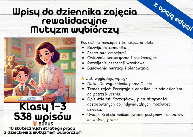 Gotowe wpisy do dziennika zajęć rewalidacyjnych dla dzieci z mutyzmem wybiórczym