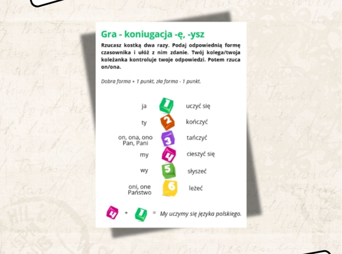 3 x gra koniugacja -ę, -isz/-ysz czasowniki poziom A1, język polski jako obcy