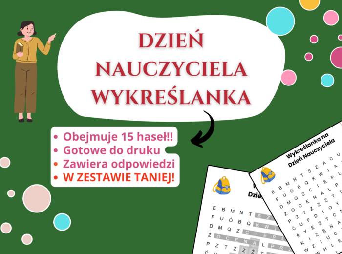 🔎 Wykreślanka – Dzień Nauczyciela, Szkoła podstawowa • Świetlica • Godzina wychowawcza • klasy 1-8