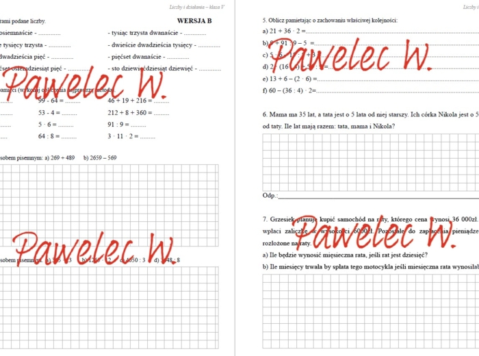 LICZBY I DZIAŁANIA wersja B - sprawdzian z całego działu, kl. 5