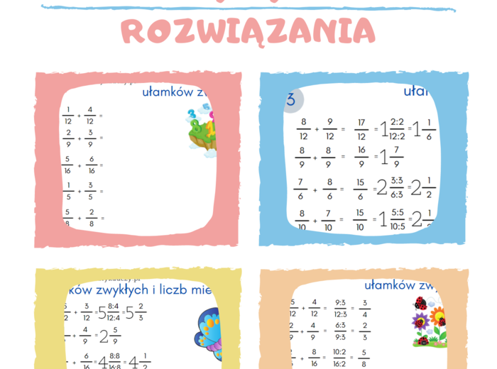 Dodawanie ułamków zwykłych o tym samym mianowniku / KARTY PRACY kl.4 – kl.5 PDF + ROZWIĄZANIA