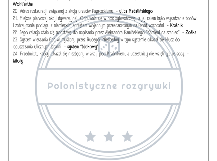 Kamienie na szaniec. Zestaw kart pracy. Bingo