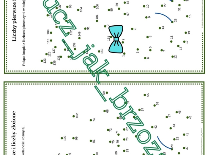 Liczby pierwsze i liczby złożone, połącz kropki, karta pracy, klasa 5