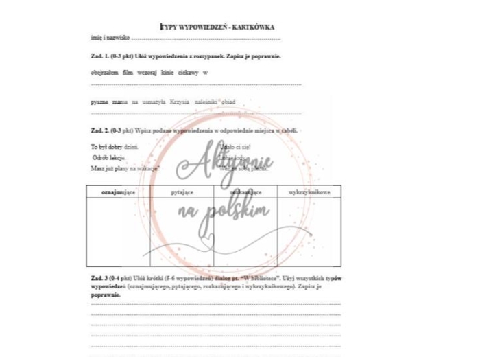 Typy wypowiedzeń - kartkówka
