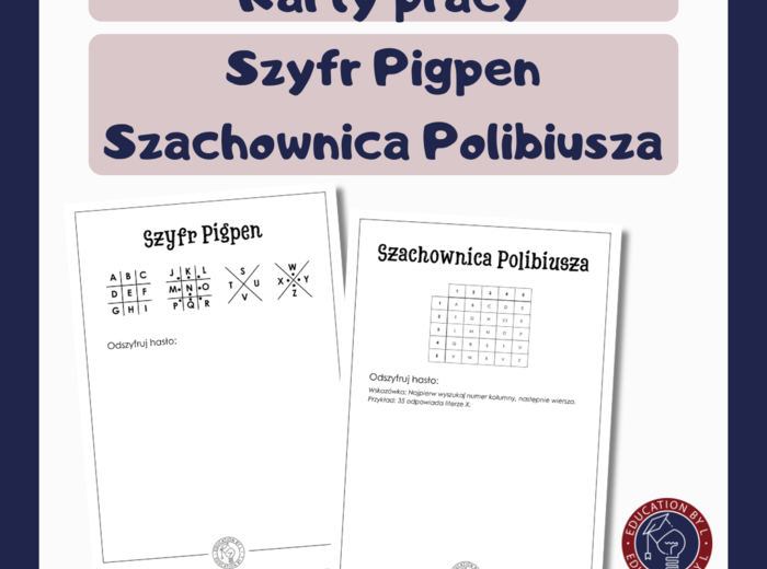 Karty pracy - szyfr Pigpen, szachownica Polibiusza - kodowanie (Dzień Bezpiecznego Internetu)