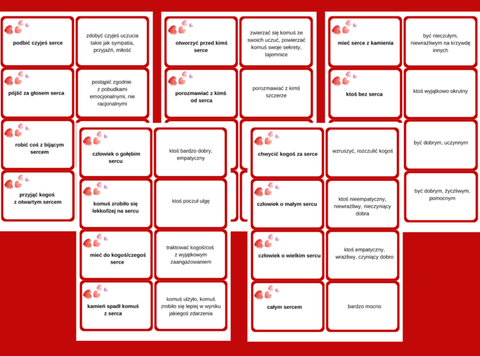 WALENTYNKI - ZWIĄZKI FRAZEOLOGICZNE ze słowem "SERCE"– 64 fiszki – kl. 4-8 – egzamin – powtórzenie- ćwiczenia - frazeologizmy - WALENTYNKI