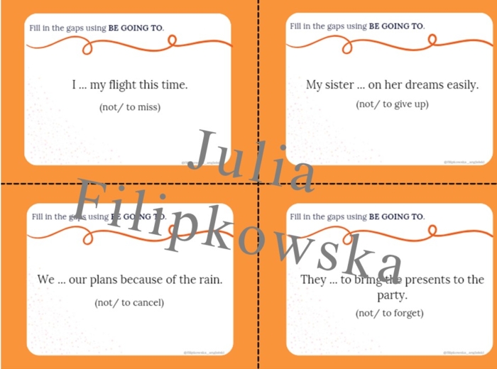 Be going to/ Zdania przeczące/ Karty do mówienia/ Mówienie/ Speaking/ Konwersacje/ Klasy 4-8/ Klasy 4-6/ Klasy 6-8/ SP/ Warm-up/ Rozgrzewka/ Speaking cards/ Gramatyka/ Grammar/ Speaking cards grammar/ Grammar cards/ E8