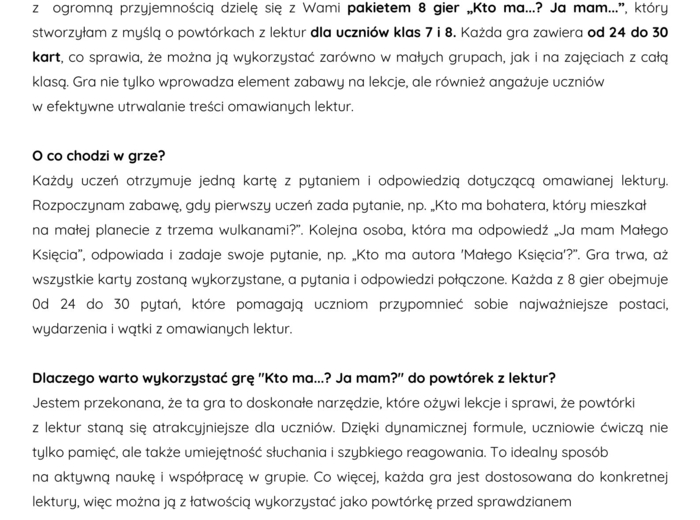 Pakiet 8 gier "Kto ma...? Ja mam..." do powtórek z lektur obowiązkowych w klasach 7 i 8.