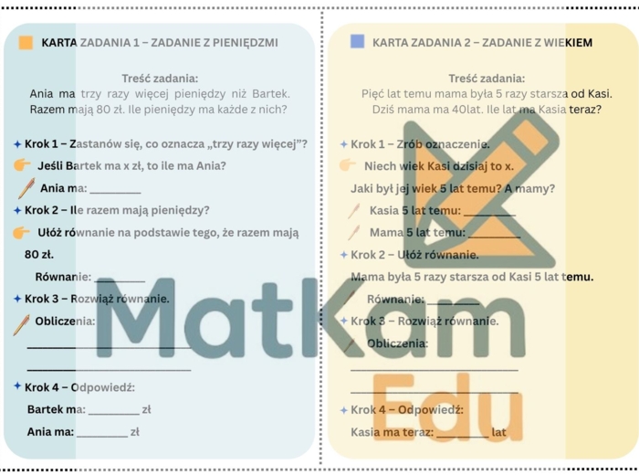 Karty z zadaniami tekstowymi – równania_ krok po kroku