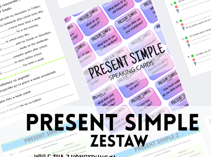 ZESTAW - Present Simple - karty pracy - ćwiczenia - przekształcanie zdań cz. 1, 2, 3 - wklejka z budową, konstrukcją - E8 - matura