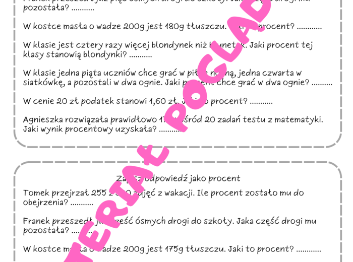 Szybkie karteczki - karty pracy z procentów. Klasa 6. Klasa 7. Klasa 8