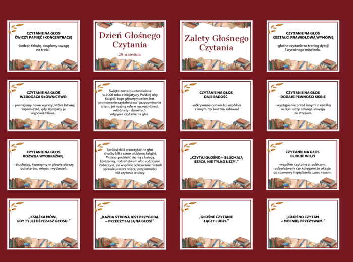 DZIEŃ GŁOŚNEGO CZYTANIA - gazetka - biblioteka - ZALETY GŁOŚNEGO CZYTANIA - dekoracja - wersja 1