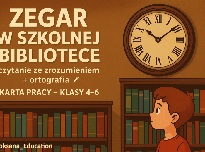 🕰️📚 „Zegar w szkolnej bibliotece” – 15 zadań z czytania ze zrozumieniem + ortografia ✍️ (karta pracy, kl. 4–6)