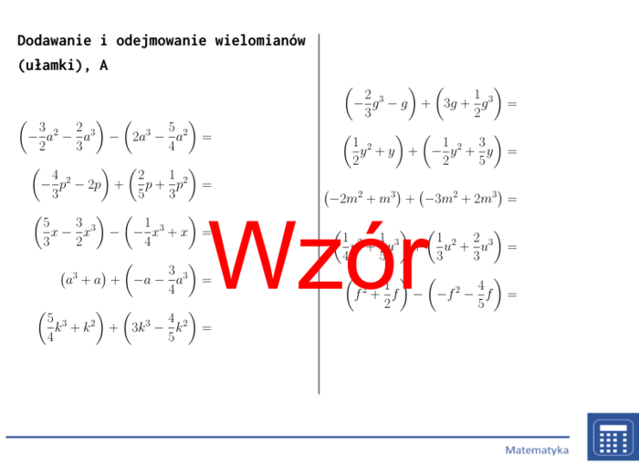 Dodawanie i odejmowanie wielomianów (ułamki) | matematyka, algebra | 26 kolumn