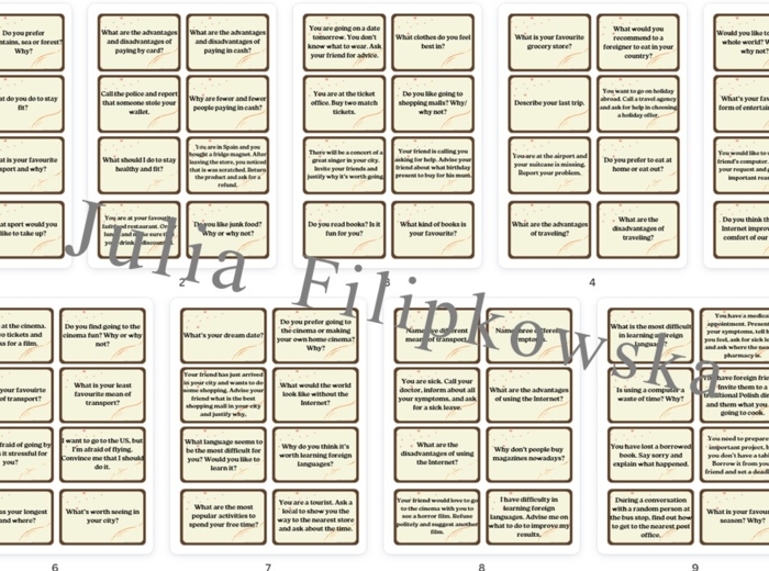 Karty do mówienia/ Mówienie/ Speaking/ Konwersacje/ Klasy 4-6/ Klasy 6-8/ Liceum/ SP/ Warm-up/ Rozgrzewka/ Speaking cards