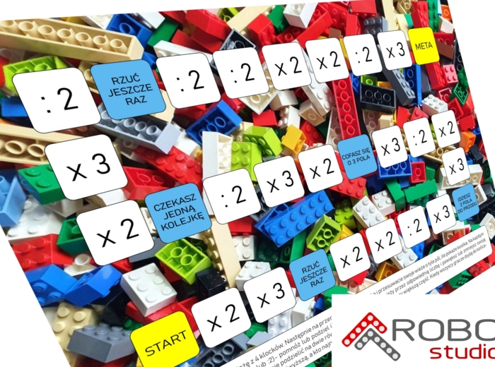 Gra planszowa LEGO matematyka: mnożenie i dzielenie przez 2 i 3. Dzień klocków LEGO.