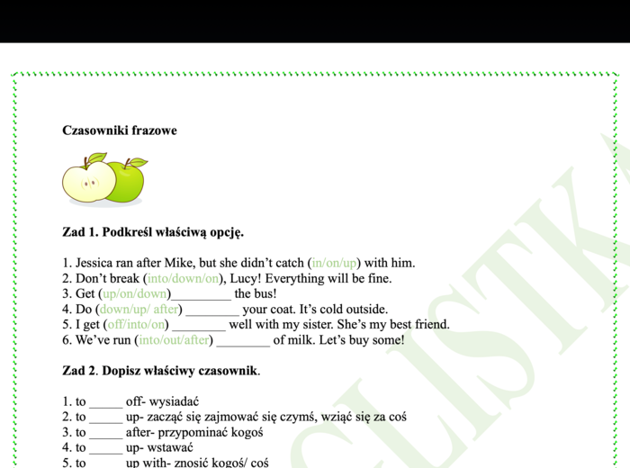 Czasowniki frazowe - 4 ćwiczenia z kluczem+ gratis: lista wykorzystanych w ćwiczeniach czasowników z tłumaczeniem- Egzamin Ósmoklasisty/ Matura